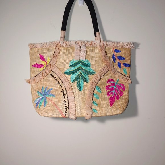 Stella & Dot Embroidered Palm Straw Fringed Tote With Rope Handles - Picture 1 of 11